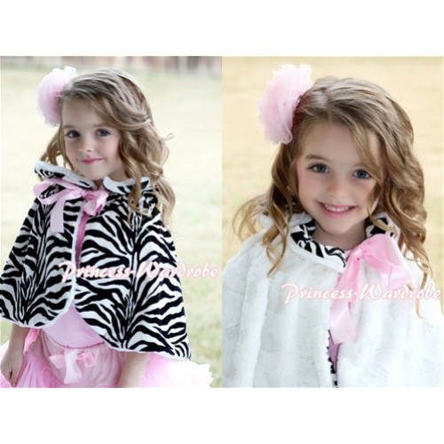 Black White Zebra Reversible Shawl Coat with Light Pink Ribbon  